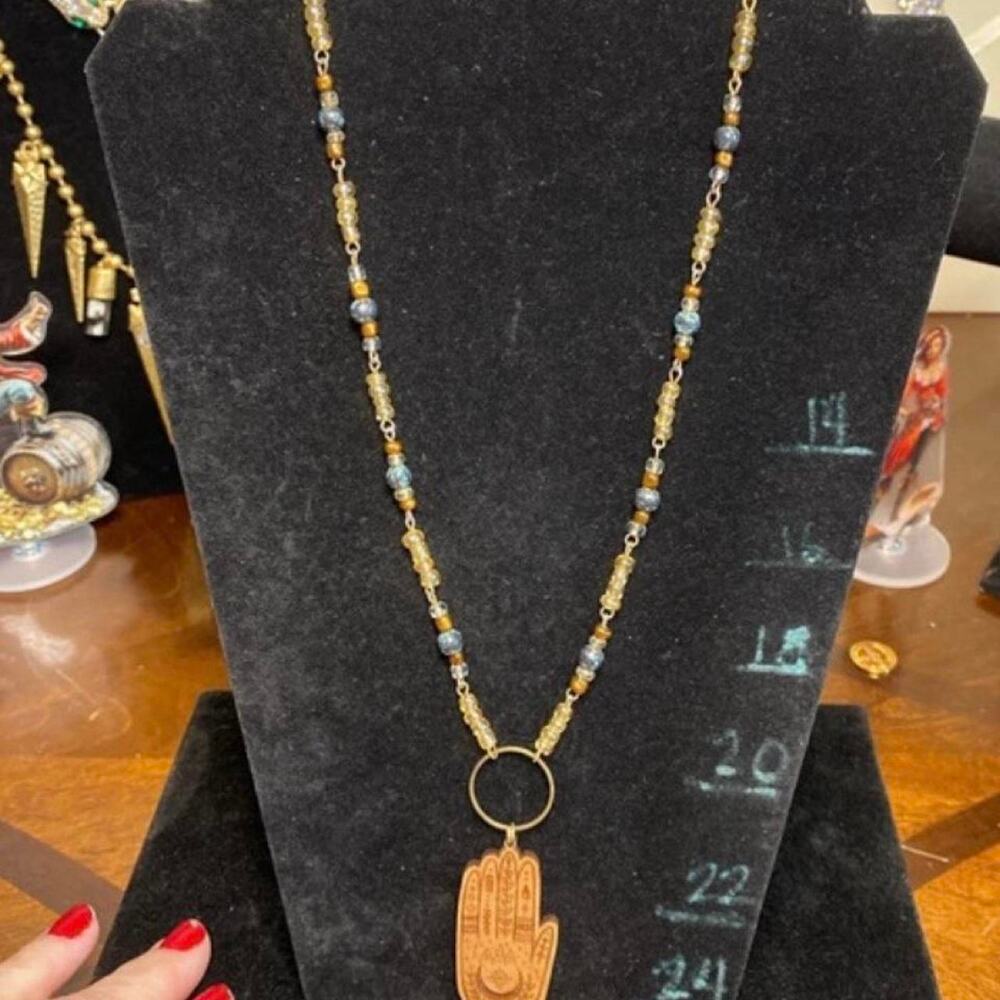 Handmade wooden hamsa pendant necklace